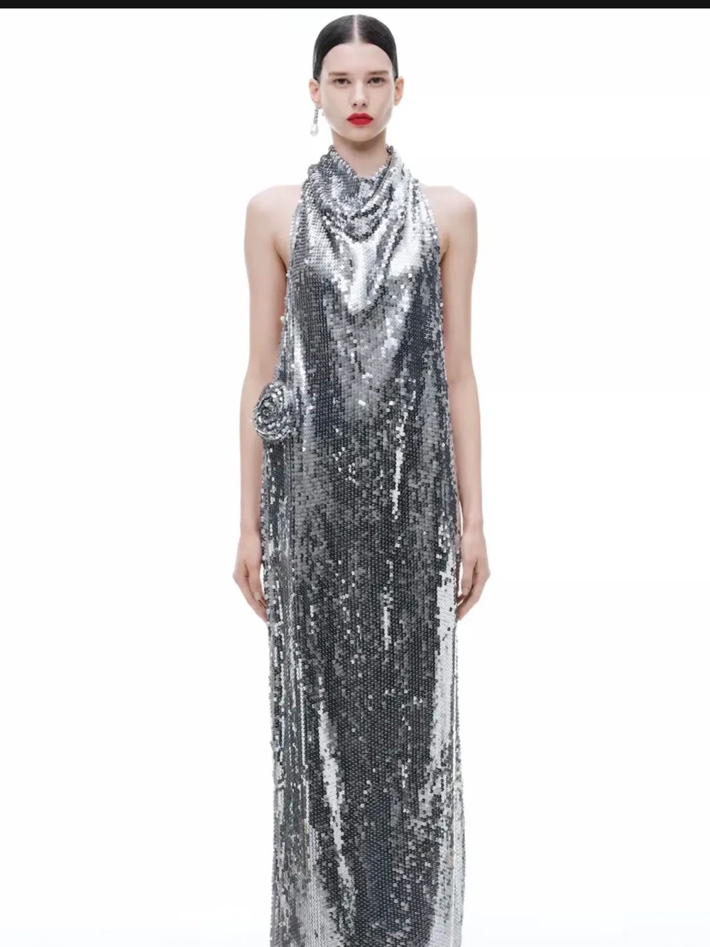 Silver Sequin Halter Gown - Elegant Evening Dress